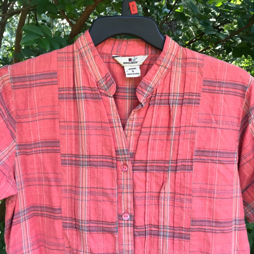 Woolrich Pleated Orange Plaid Button Up Gauze Blouse S Cotton Rayon Blend